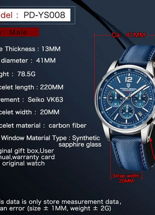 Orologio al Quarzo da Uomo Pagani Design VK63, 41MM, Vetro Zaffiro, Impermeabile 10 Bar, Sportivo, Reloj Hombre