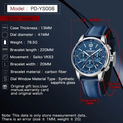 Orologio al Quarzo da Uomo Pagani Design VK63, 41MM, Vetro Zaffiro, Impermeabile 10 Bar, Sportivo, Reloj Hombre