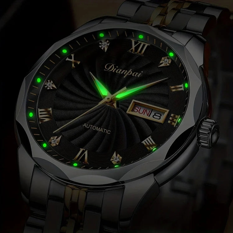 Dianpai Orologio meccanico automatico con cinturino luminoso in acciaio inossidabile, orologio nazionale da uomo alla moda. platinumshop