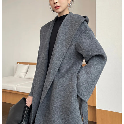Brushed 100% Wool Coat Women Hooded Belted Wrap Coat Long-Pile Double-Faced Texture Unlined Relaxed Fit Short Coats Fall Winter