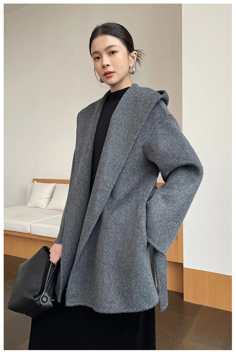 Brushed 100% Wool Coat Women Hooded Belted Wrap Coat Long-Pile Double-Faced Texture Unlined Relaxed Fit Short Coats Fall Winter