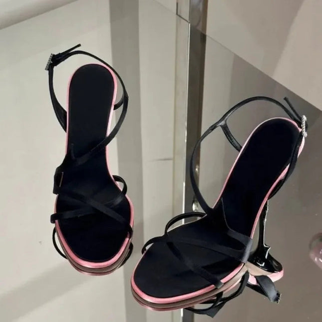 Satin Color Block Stiletto Fashionable High Heels with One Belt 2026 New Summer Sexy Temperament Versatile Sandals PlatiNum