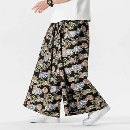 Pantaloni da samurai giapponesi da uomo con stampa drago pantaloni casual larghi da uomo stile kimono pantaloni larghi moda vintage streetwear