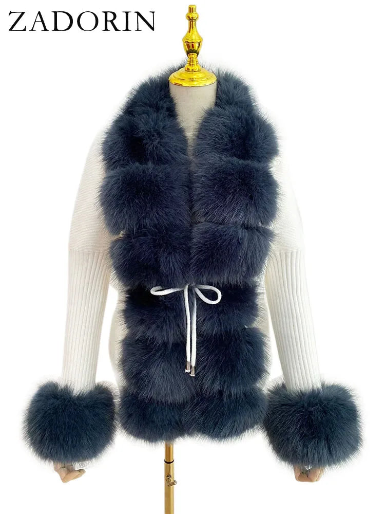 ZADORIN 2026 Chic Fur Cardigan Knitted Sweater Luxury Detachable Faux Fur White Pink Black Sweaters Cardigans Woman Tops Clothes