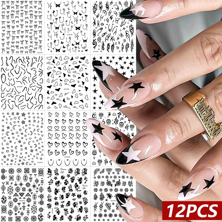 12Pcs 3D Rainbow Bowknot Star Geometry Lines Nail Stickers Love/Frame/Flower Self-Adhesive Nails Sliders 8*10cm Manicure Decals