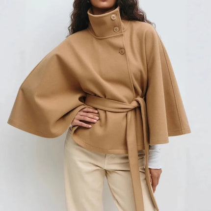 Stand Collar Lace Up blend fiber Coat Women's Fashion Long Batwing Sleeve Solid Single Breasted Cape Coat Autumn Winter Outfits