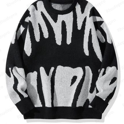 New Popular Autumn Winter Irregular Jacquard Pattern Pullover Sweater Casual Round Neck Contrast Color Knitted Men's Pullover