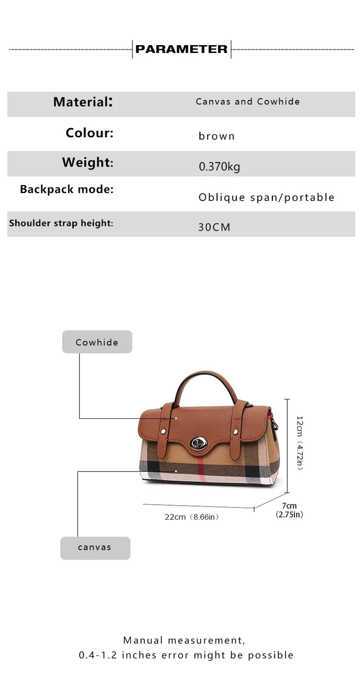 Borsa Mini Boston a Righe e Quadri in Tessuto con Finiture in Ecopelle, Chiusura a Giro e Torsione, Design con Patta, Borsa a Mano da Donna, a Tracolla, Portamonete