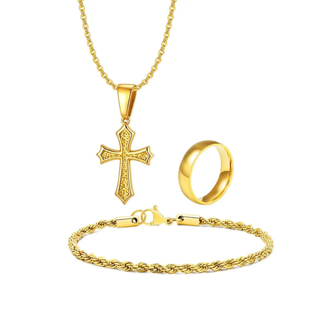 Set di Gioielli Hip Hop da Uomo 3 Pezzi, Ciondolo a Croce in Acciaio Inossidabile, Bracciale con Catena a Corda Intrecciata, Set di Gioielli Regalo per Papà, Figlio, Marito platinumshop