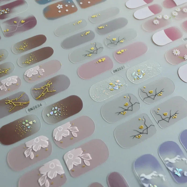 14Tips 3D Flowers Gradient Color Adhesive UV Gel Nail Stickers Fashionable Marble Pattern Nail Wraps DIY Manicure Arts Decals
