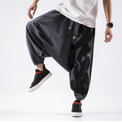 Pantaloni alla moda da uomo Samurai giapponese Ukiyo-e Cintura con stampa Pantaloni stile harem da uomo in cotone e lino Casual Oversize Harajuku Pantaloni a gamba larga da uomo
