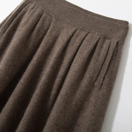 Classic Autumn Winter Wave Skirt 100% Cashmere Skirt Women A-Line Skirt Female Double Elastic Waist Pocket Warm Knit Long Dress PlatiNum