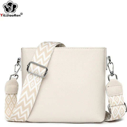 100% Genuine Leather Crossbody Bag Women Fashion Wide Strap Shoulder Bag Ladies Cowhide Messenger Bag Small Handbag and Purse - PlatiNum