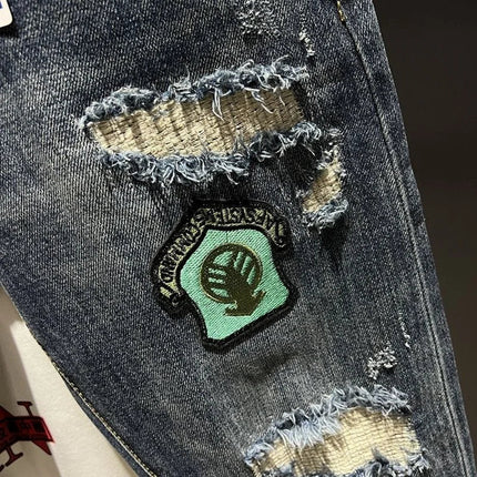 2023 Spring and Autumn New Men's Fashion Trend Ripped Patch Small Foot Pants Men's Casual Slim Comfortable High-Quality Jeans PlatiNum