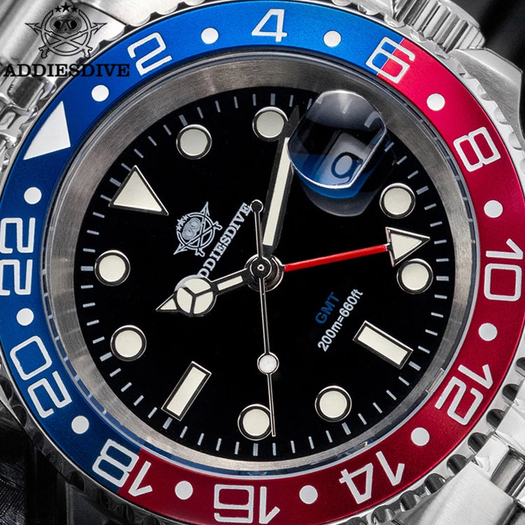 ADDIESDIVE New 40mm Luxury Men Business GMT Watch Swiss Ronda 515-24H Quartz Waterproof 200m Luminous Aluminum Ceramic Bezel