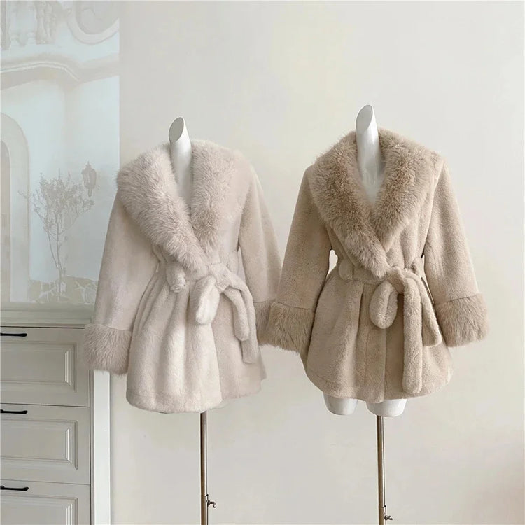 Winter Luxury Women Faux Furs Jackets Coats With Belt Elegant Waist Hugging Slimming Fur Big Collar Thickened Warm Outerwear