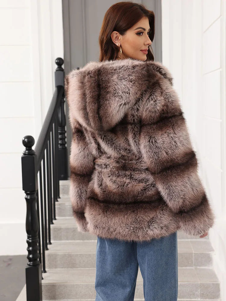 ZADORIN New Stripes Winter Fur Coats Woman Mid Long Hooded Warm Loose Faux Fur Coat For Woman Elegant Belted Fluffy Fur Jacket