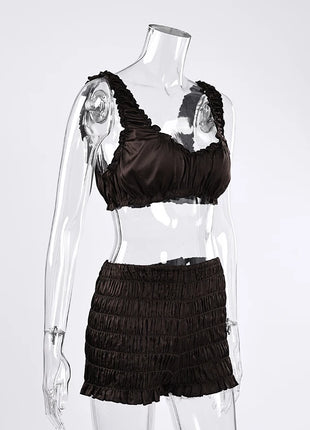 Pigiama da donna HiLoc in raso sexy, completo due pezzi con top corto e pantaloncini a vita elasticizzata con arricciatura, tinta unita, per casa.