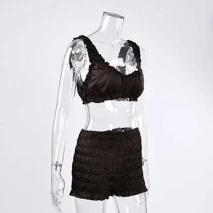 Pigiama da donna HiLoc in raso sexy, completo due pezzi con top corto e pantaloncini a vita elasticizzata con arricciatura, tinta unita, per casa.