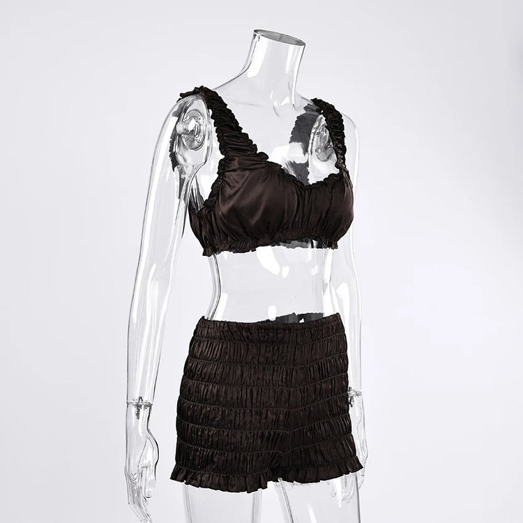 Pigiama da donna HiLoc in raso sexy, completo due pezzi con top corto e pantaloncini a vita elasticizzata con arricciatura, tinta unita, per casa.