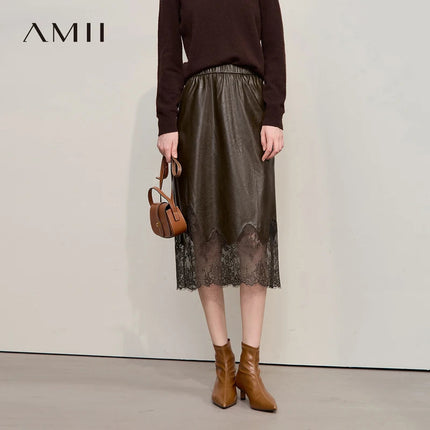 AMII Women's Skirt 2025 Autumn New Minimalist Versatile Clothing Ladies Leather Splicing Lace Solid A-line Midi Skirt 12543095 PlatiNum