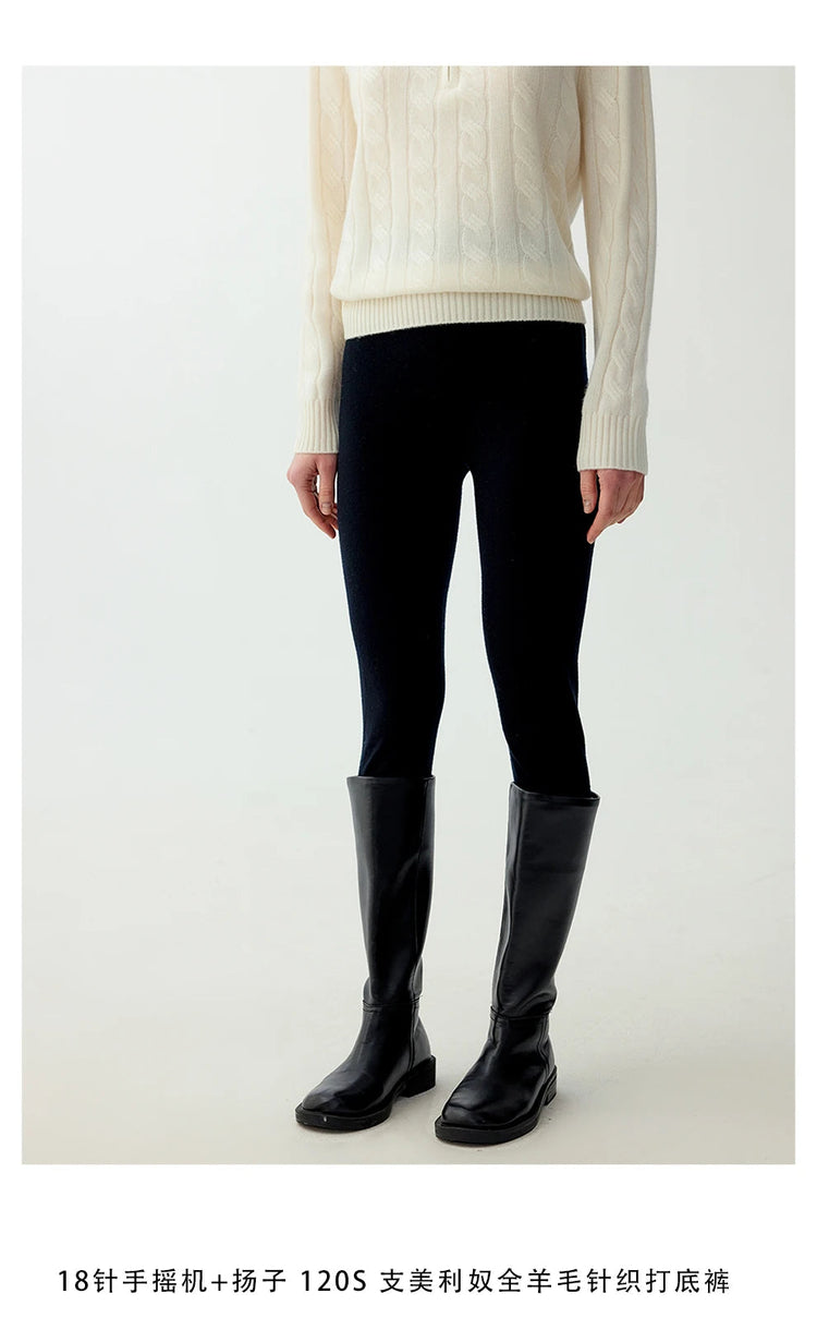 100% fine spun wool knitted pants for women, soft and comfortable thin wool leggings, slim fit solid color leggings PlatiNum