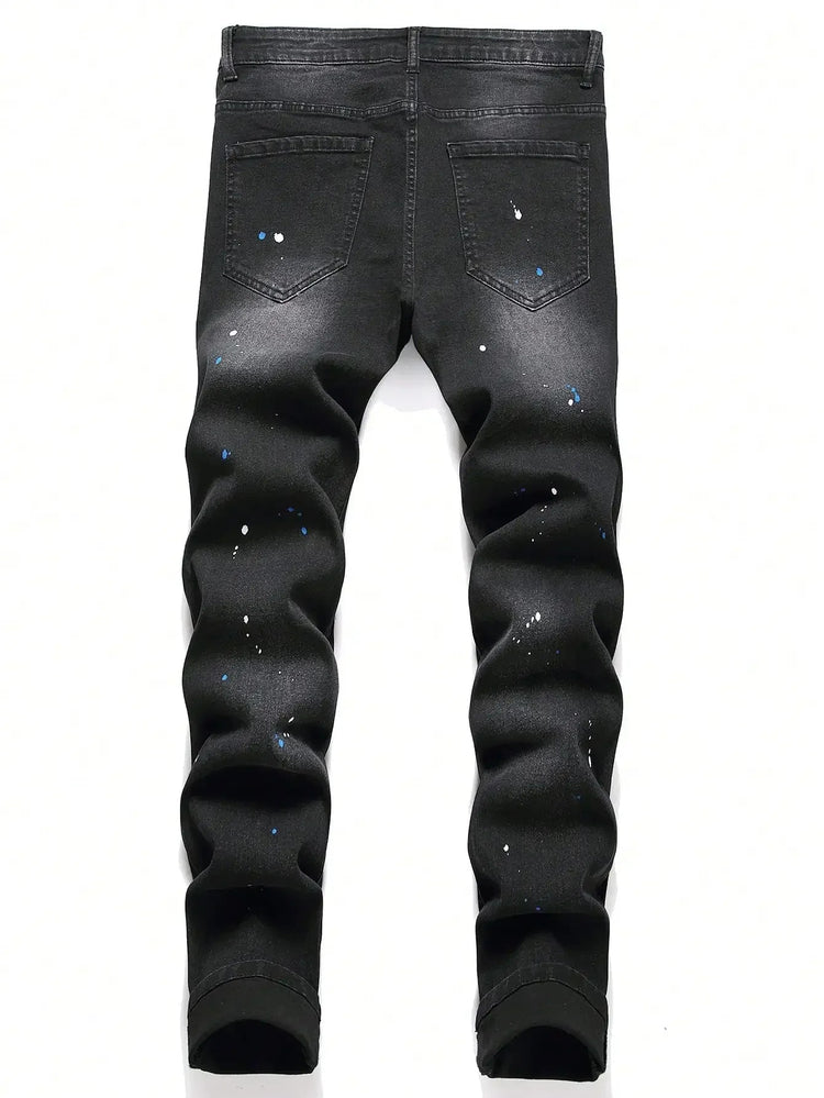 Men y2k Stretchy Skinny Denim Jeans For Men Casual pants Ripped Patchwork Hole Slim Fit Denim Hip Hop Black Straight Trousers PlatiNum