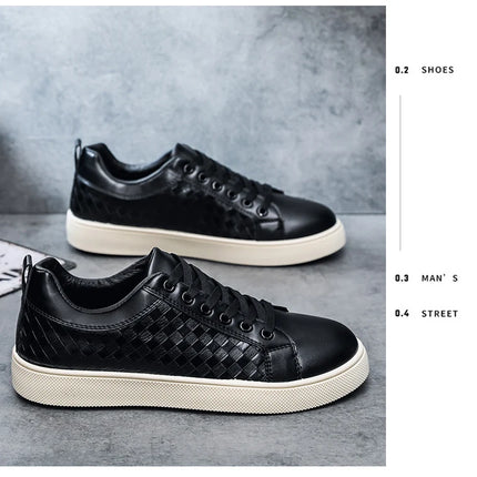 Men Low Top Leather Casual Shoes Lace-up Fashion Sneakers Black Embossed Plaid Upper Non Slip Flat Daily Wear Board Footwear