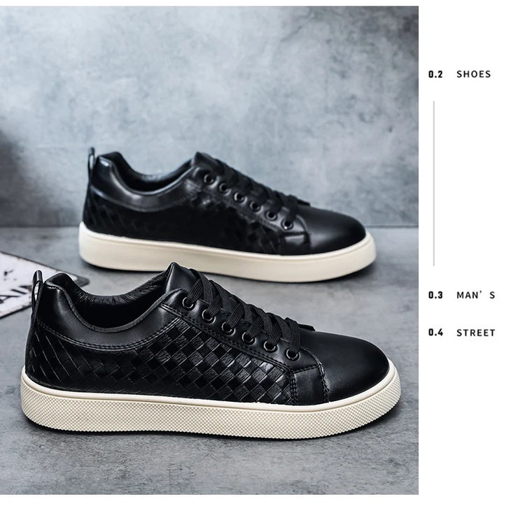 Men Low Top Leather Casual Shoes Lace-up Fashion Sneakers Black Embossed Plaid Upper Non Slip Flat Daily Wear Board Footwear