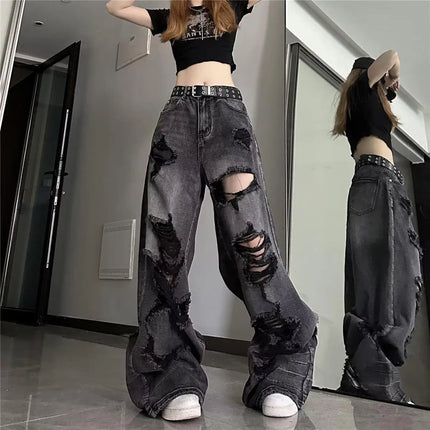 Jeans strappati unici e alla moda da donna, estivi, in stile americano, a zampa d'elefante, vestibilità ampia, versatili, a gamba dritta, lunghi
