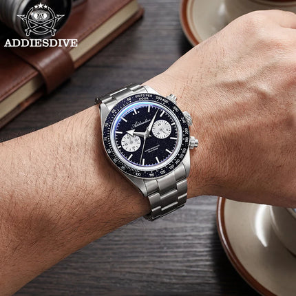 ADDIESDIVE Luxury Mens Watch New AD2558 VK64 Quartz Chronograph Stainless Steel Blue Sandstone Dial Luminous 100M Waterproof