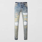 Designer High Street Fashion New Light Blue Men's Jeans Stretch Slimming White Leather Patch Hip Hop Brand Pants HombreY2K PlatiNum