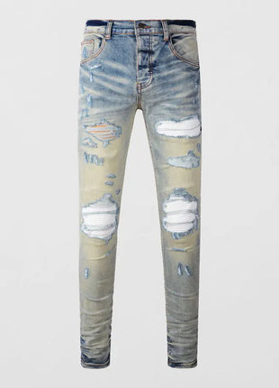 Designer High Street Fashion New Light Blue Men's Jeans Stretch Slimming White Leather Patch Hip Hop Brand Pants HombreY2K PlatiNum