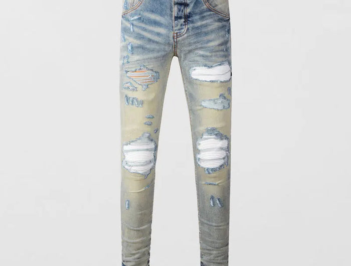 Designer High Street Fashion New Light Blue Men's Jeans Stretch Slimming White Leather Patch Hip Hop Brand Pants HombreY2K PlatiNum