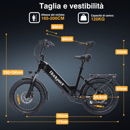 Bicicletta Elettrica Fat Tire Commuter Bodywel F20 500W 48V 15Ah con Autonomia 60-80KM, Pneumatici Fat 20"x3.0", 7 Velocità e Sospensione Anteriore per Adulti Urbani