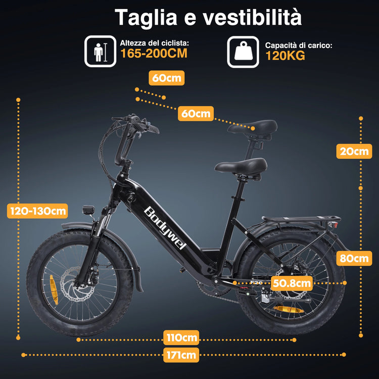 Bicicletta Elettrica Fat Tire Commuter Bodywel F20 500W 48V 15Ah con Autonomia 60-80KM, Pneumatici Fat 20"x3.0", 7 Velocità e Sospensione Anteriore per Adulti Urbani