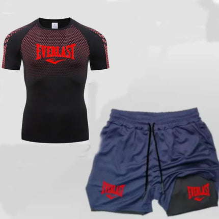 EVERLAST Men's Compress Shirt + 2-in-1 sports shorts 2pcs Set Leisure Breath Short Sleeve Sport Jogging Gym Brand Print Clothing platinumshop
