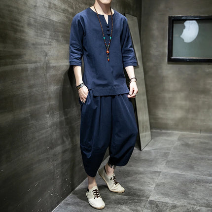 Stile giapponese due pezzi t-shirt pantaloni uomo uomo abiti Kimono maniche corte giappone Harajuku Yukata Cardigan Costume top pantaloni