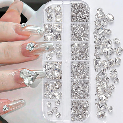 12 Grids 3D Pink Valentine's Diamond for Nails Art Bling Love Heart Oval Square Glass Rhinestones DIY Manicure Decorations