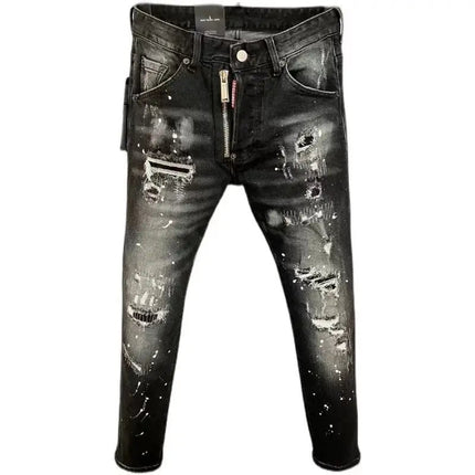 Light Luxury Washed Jeans Men's Trendy Brand Ruffian Handsome Black Ripped Patch Slim Fit Small Feet Casual Long Pants PlatiNum