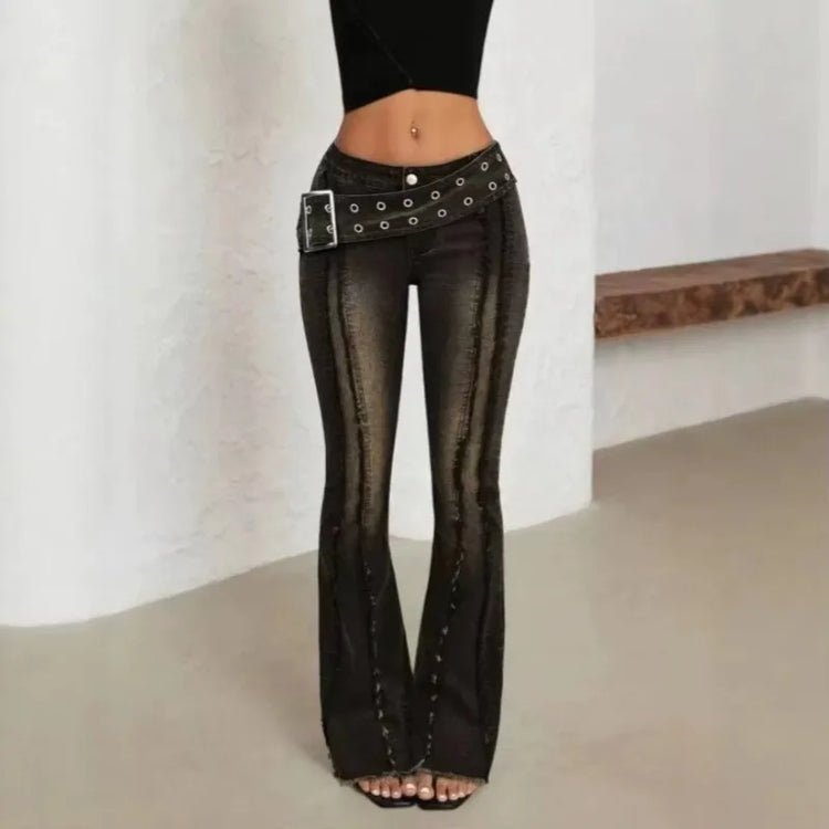 Women Vintage Washed Flare Jeans With Wide Belt Raw Hem Split Hem Seam Detail High Waist Slim Fit Denim Pants