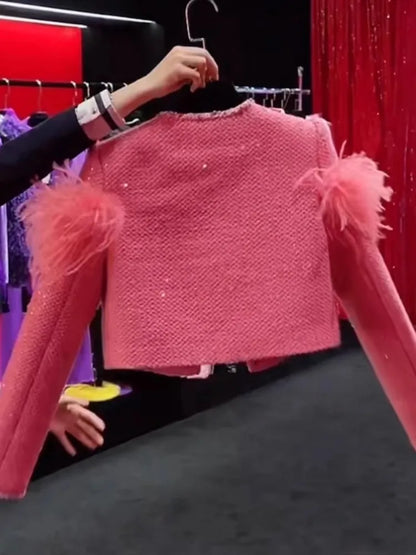 2024 Autumn Winter New Jackets Feminine Small Fragrant Short Coats Women's Feather Splicing Long Sleeve Solid Color Short Tops