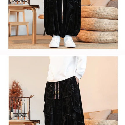 Pantaloni di velluto da uomo autunno inverno retrò drago stampa pantaloni larghi da uomo stile cinese pantaloni casual a gamba larga per uomo taglie forti 5XL