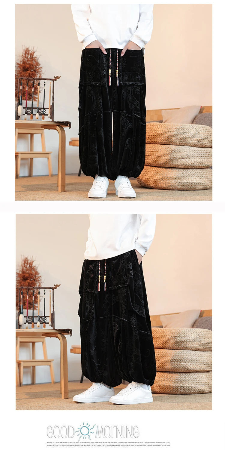 Pantaloni di velluto da uomo autunno inverno retrò drago stampa pantaloni larghi da uomo stile cinese pantaloni casual a gamba larga per uomo taglie forti 5XL