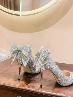 Shiny Bowknot tacchi sottili décolleté donna Slip-On Bling Crystal Party Shoes donna Sexy scarpe con tacco alto Glitter a punta