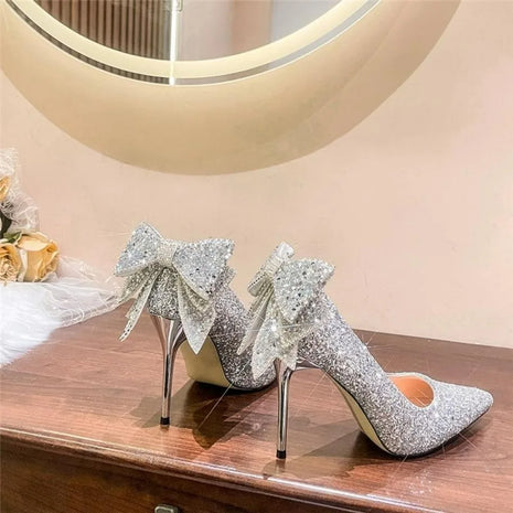 Shiny Bowknot tacchi sottili décolleté donna Slip-On Bling Crystal Party Shoes donna Sexy scarpe con tacco alto Glitter a punta
