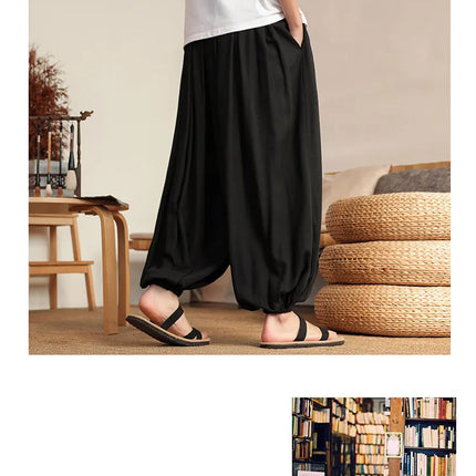 Pantaloni Larghi in Lino da Uomo, Tinta Unita, Casual e Comodi, Stile Harun, Moda Harajuku, Taglie Fino alla 8XL