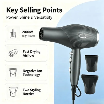 WETECH Professional 2000W Negative Ionic Hair Dryer AC Motor Salon Hairdryer Adjustable Temperature Fast Drying Blow Dryer with Styling Nozzles