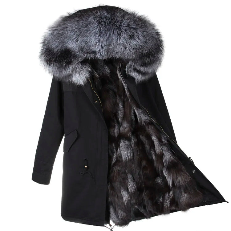 Winter Long Jacket Real Fur Coat Women Clothes Large Silver Fox Fur Collar Detachable Natural Fox Lining Parkas Leather Fur