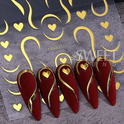 4pcs Valentine's Day Nail Art Stickers 3D Gold/Silver French Lines Love Heart Nail Decals Adhesive Slider Manicure Decorations